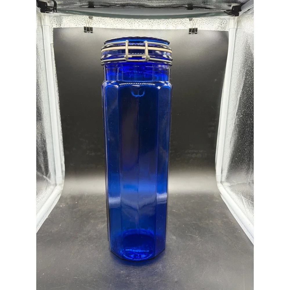 Vintage Cobalt Blue Glass Canister Octagonal Faceted Jar Wire Bale Swing Top Lid